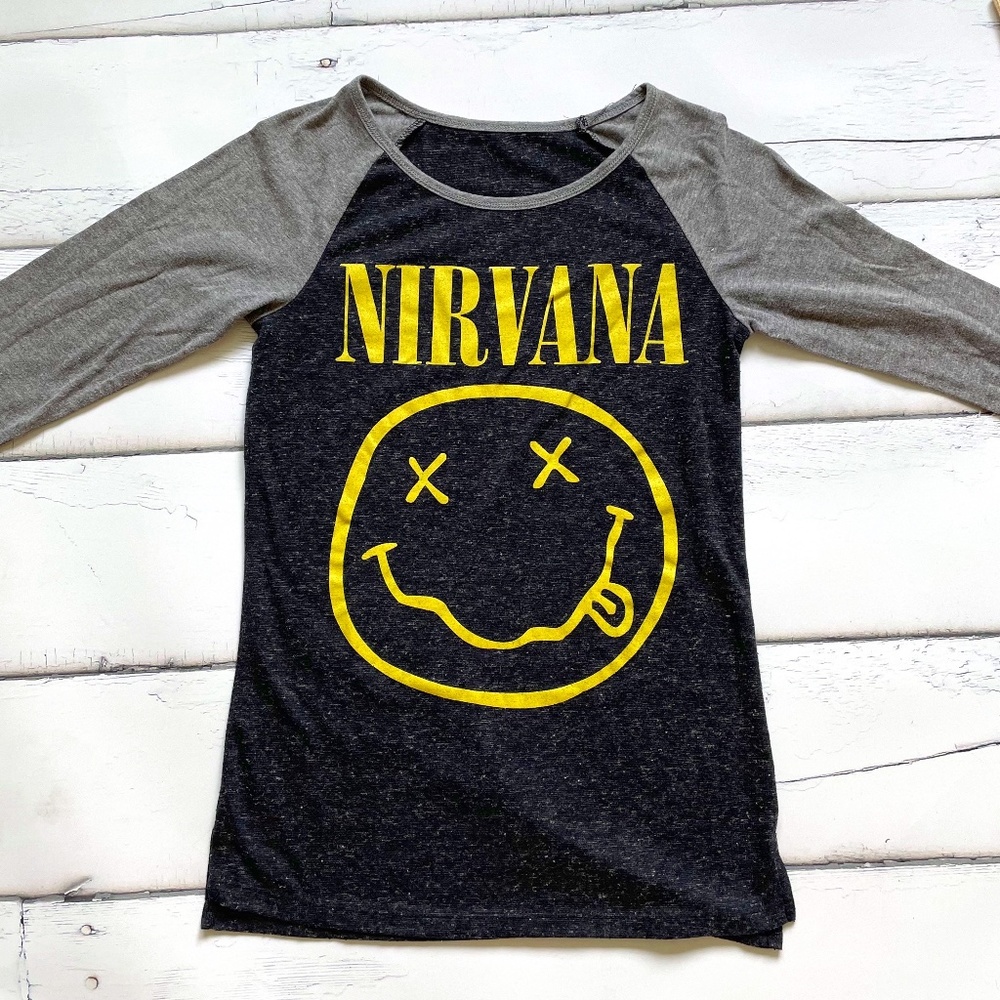 Nirvana Band Tee Tshirt 90's grunge Raglan Long sleeve shirt womens / juniors XS